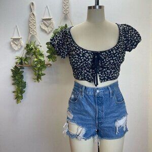 Free People Floral Top Hook & Eye Puff Sleeves